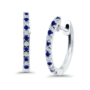 Hoop Earrings Half Eternity Round Simulated Blue Sapphire Cubic Zirconia 925 Sterling Silver (14mm)